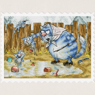 弹弹十字绣 D1363蓝猫猫-教育猫崽子自配DMC/R线十字绣套件非印花