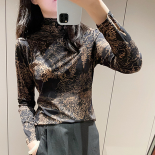 新品桑蚕丝时尚堆堆领加捻真丝针织长袖洋气印花减龄气质打底衫