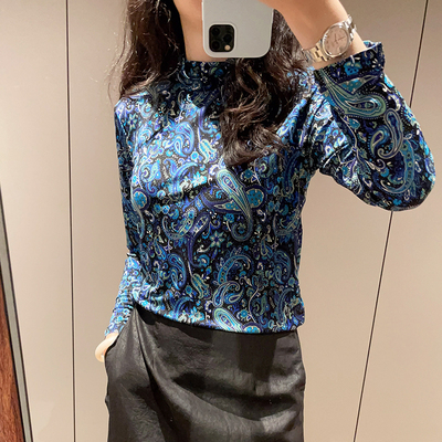 蓝绿腰果花堆堆领42针真丝针织长袖T恤洋气减龄套头桑蚕丝上衣