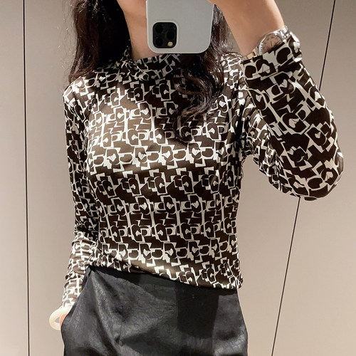 新品咖色几何堆堆领42针真丝针织长袖T恤气质减龄套头桑蚕丝上衣