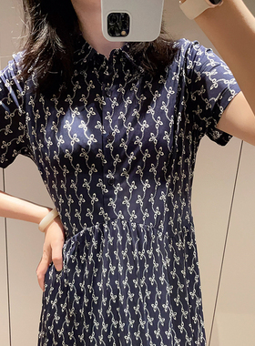 2025夏季新品翻领42针真丝针织连衣裙气质优雅印花短袖桑蚕丝裙子
