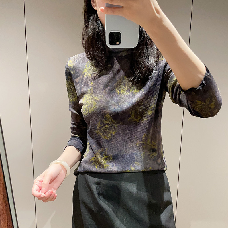 花边领双层真丝网眼印花针织长袖