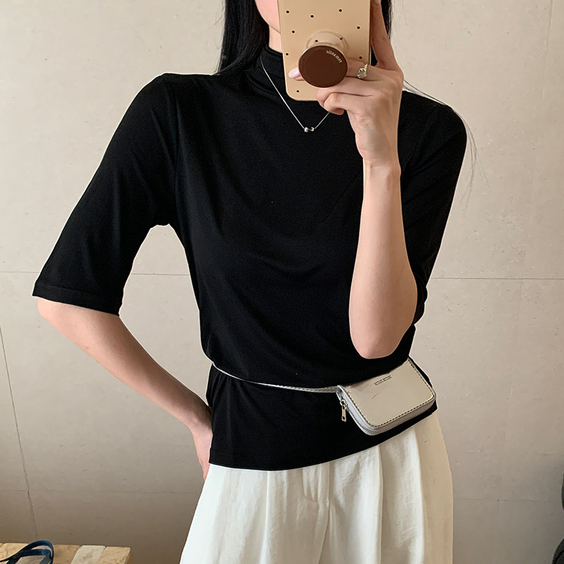 2025春夏新款加捻真丝针织半袖上衣女桑蚕丝百搭显瘦五分袖打底衫