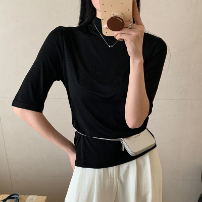 2025春夏新款加捻真丝针织半袖上衣女桑蚕丝百搭显瘦五分袖打底衫