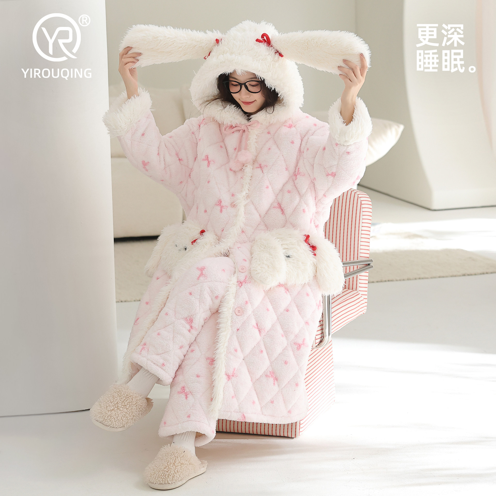 伊柔情【御寒型】睡衣女冬季加厚三层夹棉蝴蝶结中长款家居服睡袍