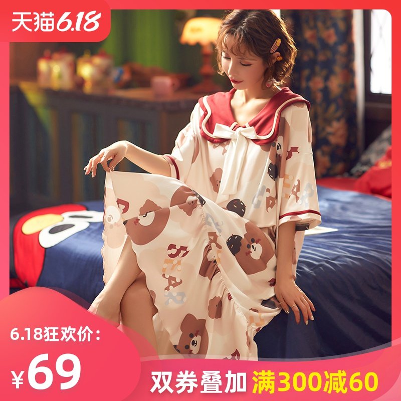 睡裙女夏季薄款短袖纯棉公主风韩版宽松长款过膝可爱大码孕妇睡衣
