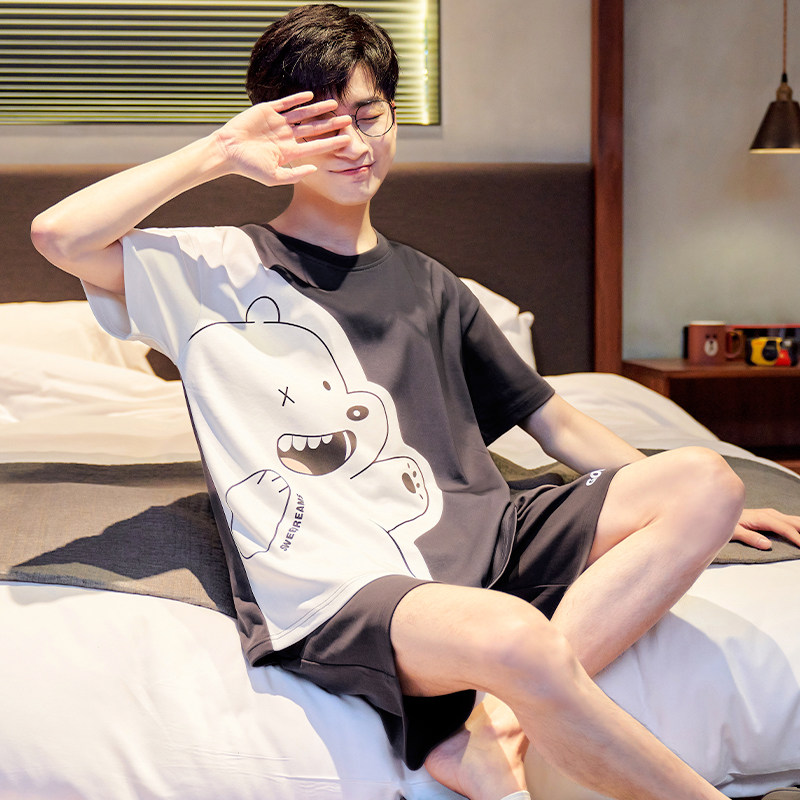 男士睡衣夏季纯棉短袖青少年学生大码卡通薄款夏天全棉家居服套装