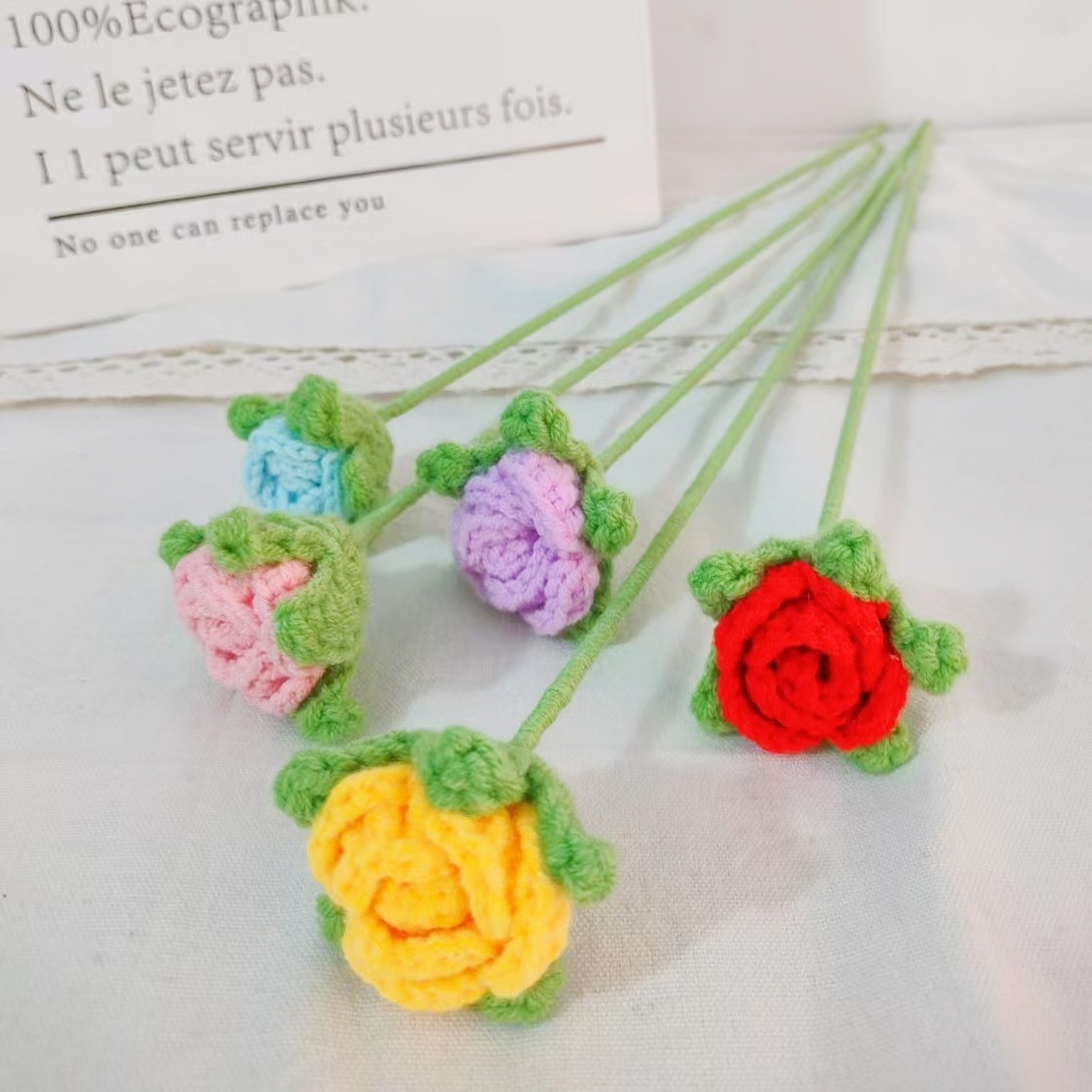 成品手工编织泡泡玫瑰花仿真花单支假花永生花毛线针织花束情人节