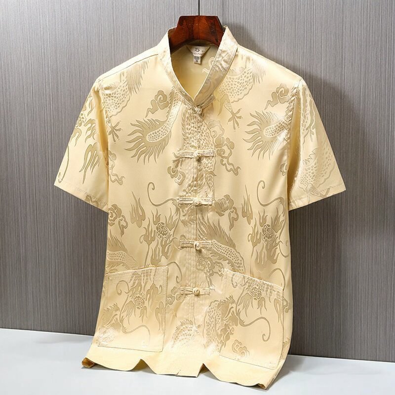 唐装男冰丝古风短袖衬衫中老年人新中式汉服爸爸爷爷晨练太极服夏