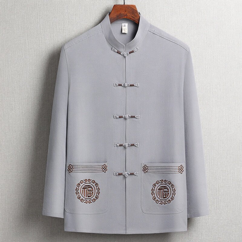 中老年人唐装男长袖衬衫春夏季打底衫新中式冰丝爸爸装爷爷太极服