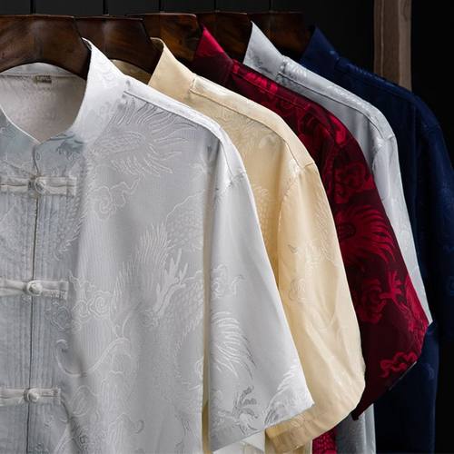 冰丝唐装短袖复古上衣夏季中老年套装大码爸爸老人新中式爷爷夏装