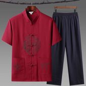 男夏天薄款 短袖 冰丝套装 中国风唐装 中老年爷爷衣服婚礼汉服爸爸装