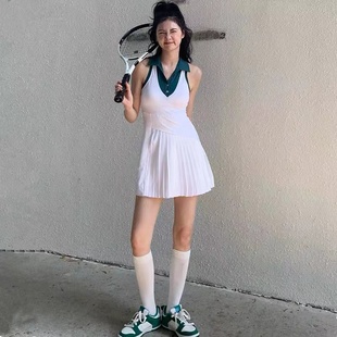白色女运动网球裙连衣裙跑步速干羽毛球裙子防走光百褶裙套装 新款