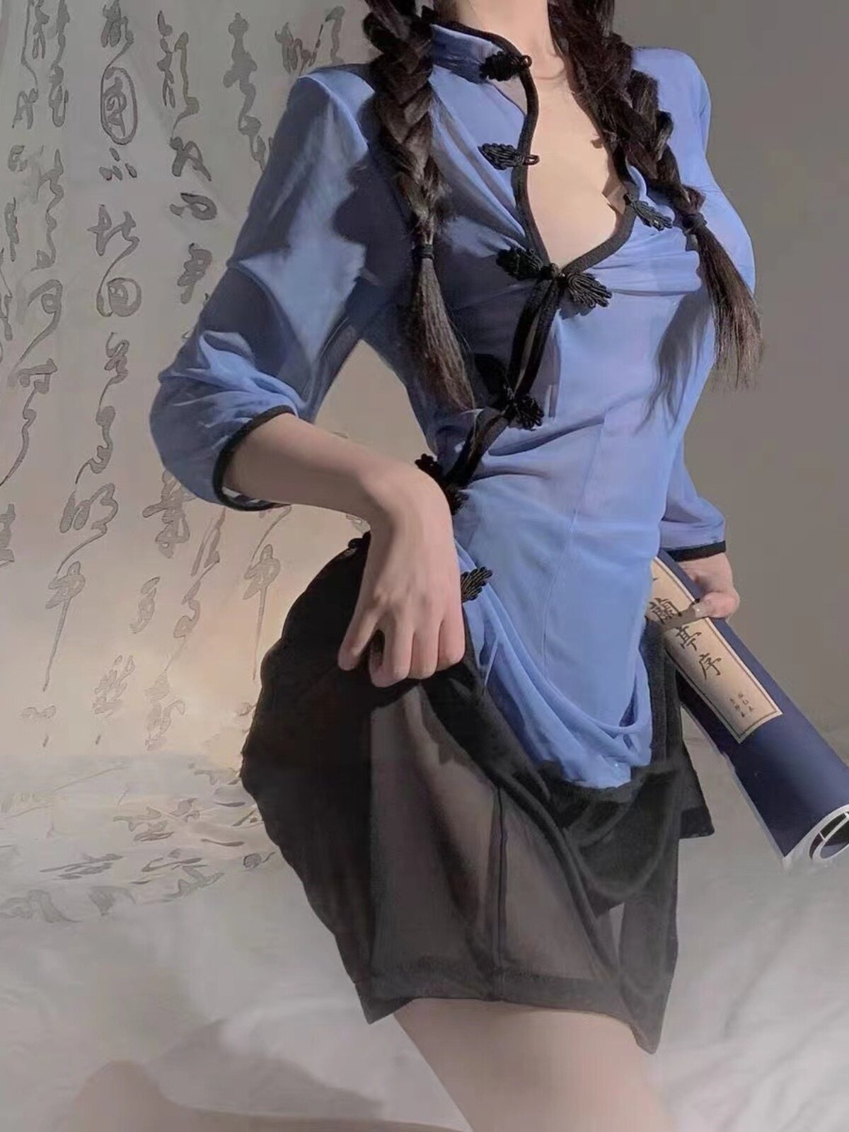 民国佳人改良丝绸版国风旗袍复古清纯古典网纱开叉盘扣女套装宫廷