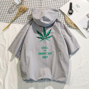 水泥地平铺情侣短袖树叶印花连帽男士半袖外套短袖T恤衫/T55-P45图片