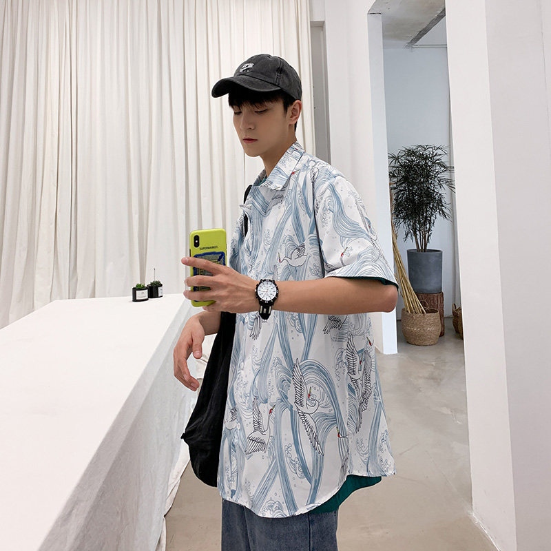 2025夏装港风时尚仙鹤印花潮男士短袖衬衫宽松大码衬衣CS17-P45,男装T恤,电商A020