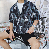 2025夏装港风时尚仙鹤印花潮男士短袖衬衫宽松大码衬衣CS17-P45，男装T恤，电商A020