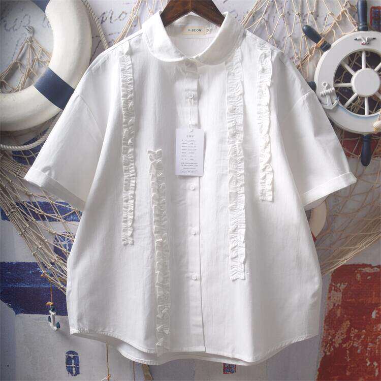 日系软妹荷叶边拼接甜美元宝娃娃领宽松短袖格子衬衫小个子上衣