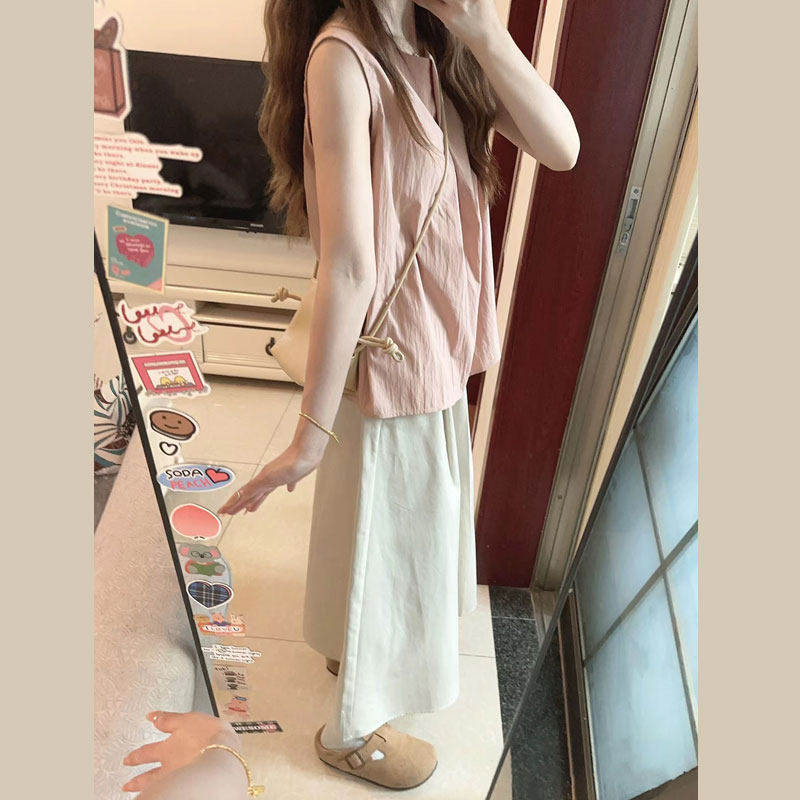 无袖背心上衣+白色半身裙两件套女夏新款一整套宽松小个子中长裙