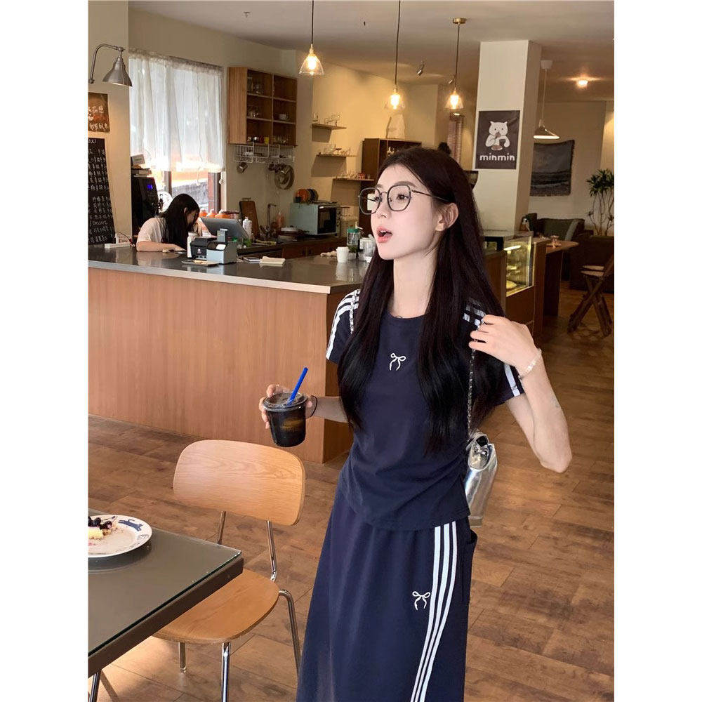 ootd美式运动套装女夏季藏青色短袖半身裙学生宽松显瘦休闲两件