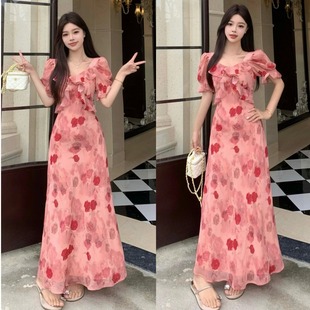 大码 胖mm显瘦收腰V领荷叶边长裙子 法式 甜美玫瑰碎花连衣裙女夏季