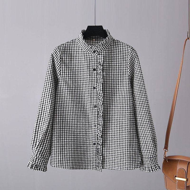 黑白格子衬衣女复古外穿花瓣领秋