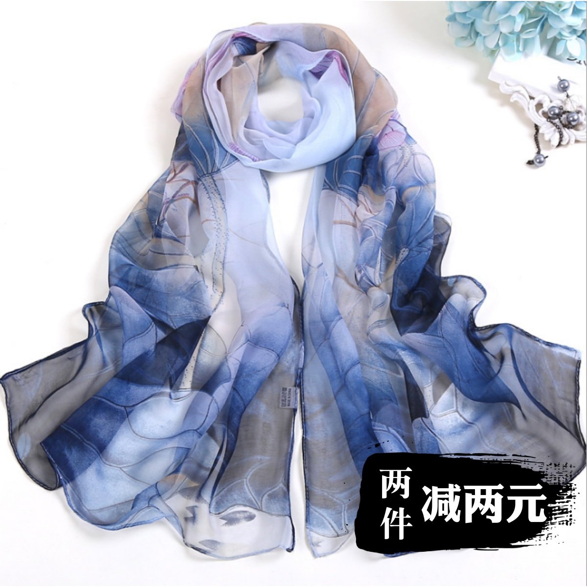 春夏季薄透乔其纱水墨荷花纱巾防晒文艺百搭装饰丝巾围巾女长款 - 鑫谷家居出品