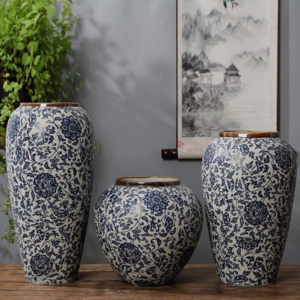 陶瓷花瓶景德镇现代中式青花缠枝莲陶瓷复古摆件家居装饰品花器