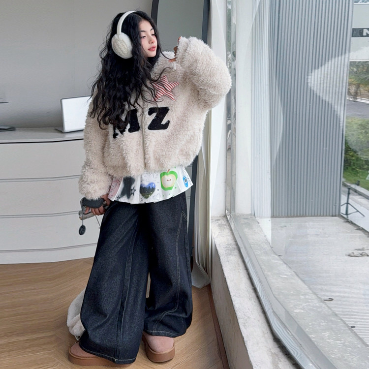 女童短款羊羔绒外套秋冬装2025新款韩版夹棉毛毛棉服加厚棉衣