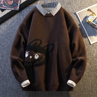 卡通风衬衫领假两件毛衣打底衫