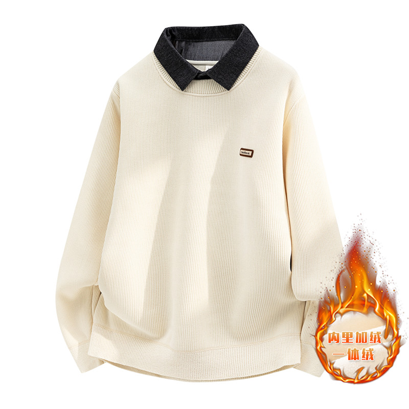 衬衫领假两件一体绒针织衫