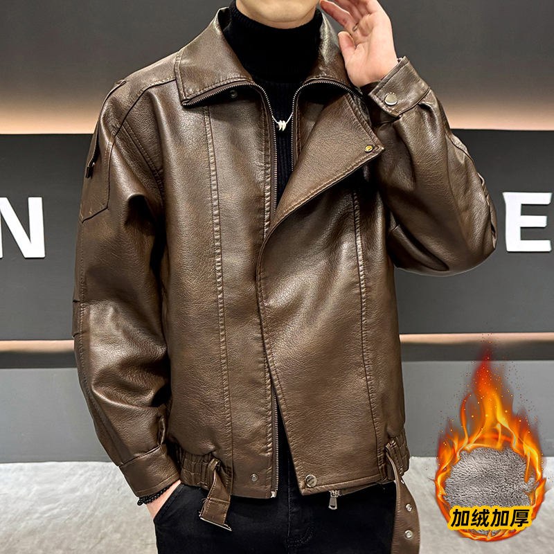 加绒保暖机车风翻领复古PU高级感