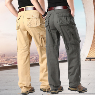 春秋工作上班纯棉裤 男中年宽松休闲直筒运动大码 子 长裤 多口袋工装