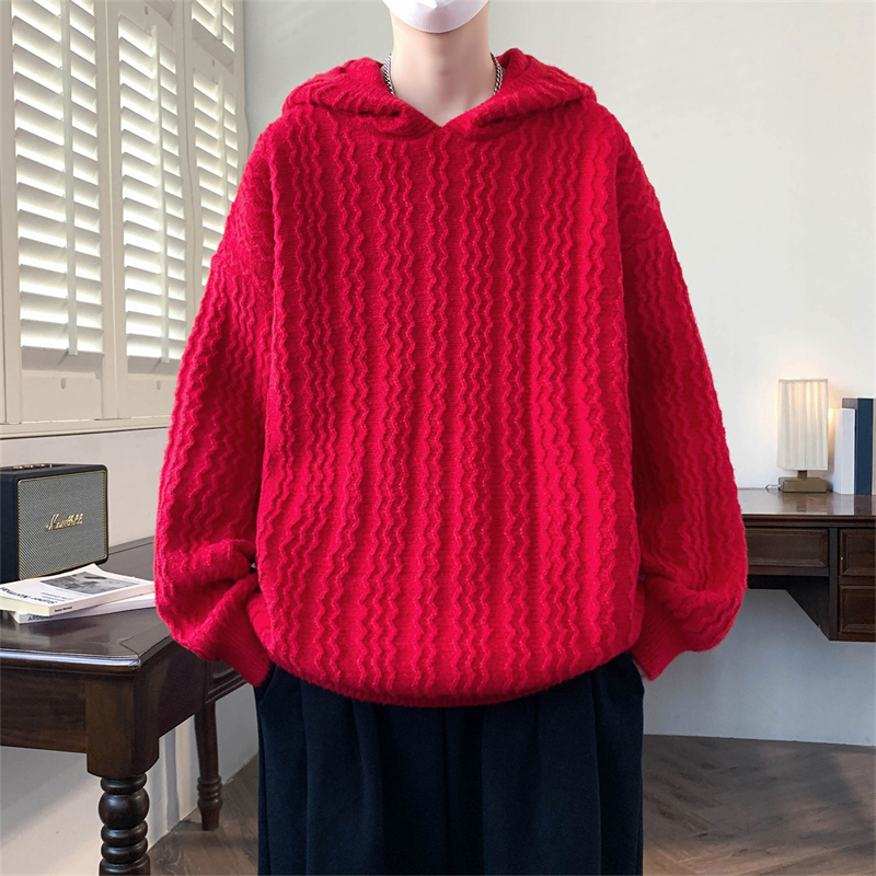 本命年红色连帽加厚保暖男针织衫