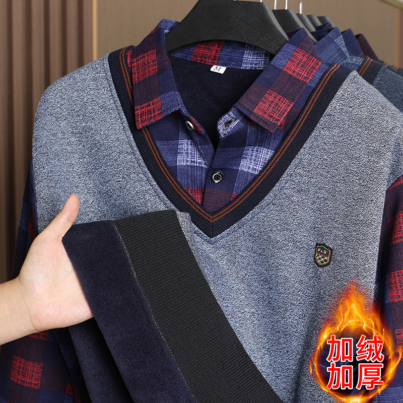男士加绒加厚衬衫领假两件毛衣