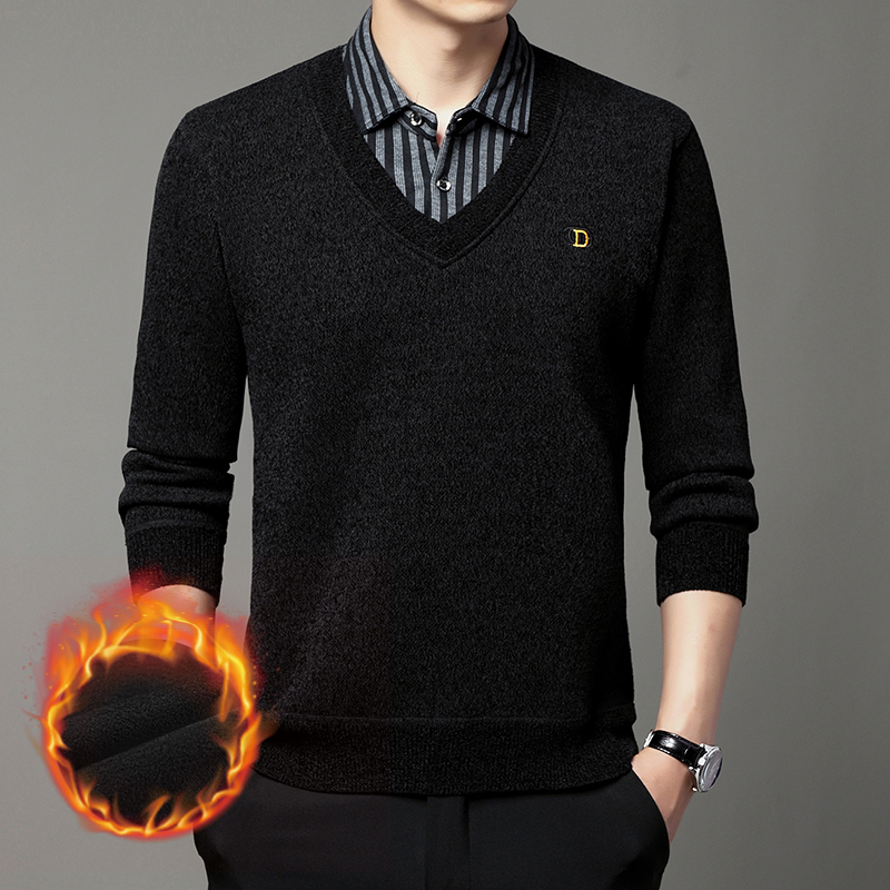假两件V领针织衫男加绒加厚保暖