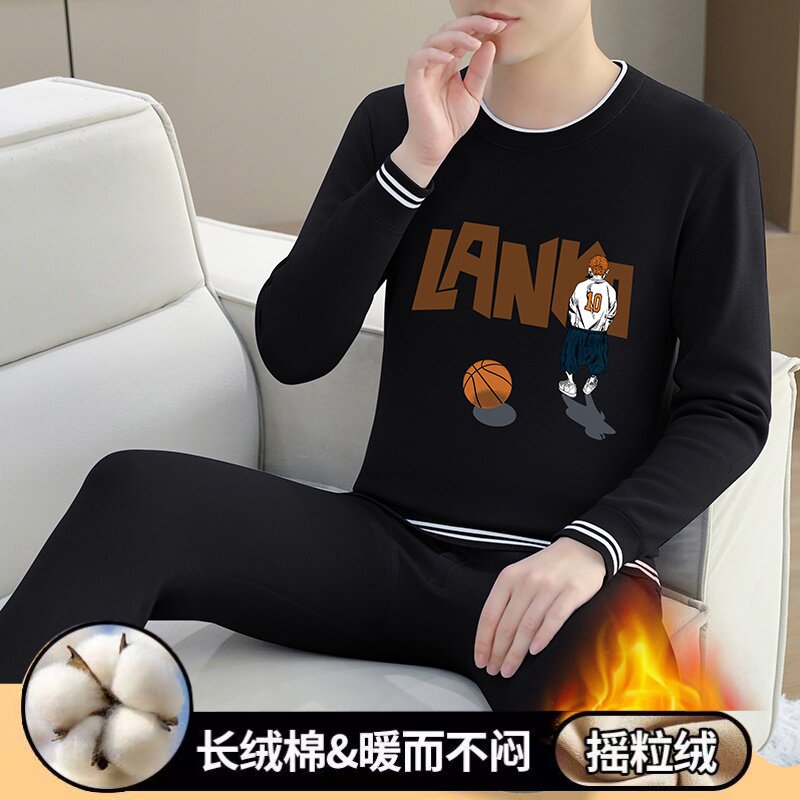 新款舒适实穿男士加绒保暖内衣套装黑色篮球印花长袖长裤加厚冬季