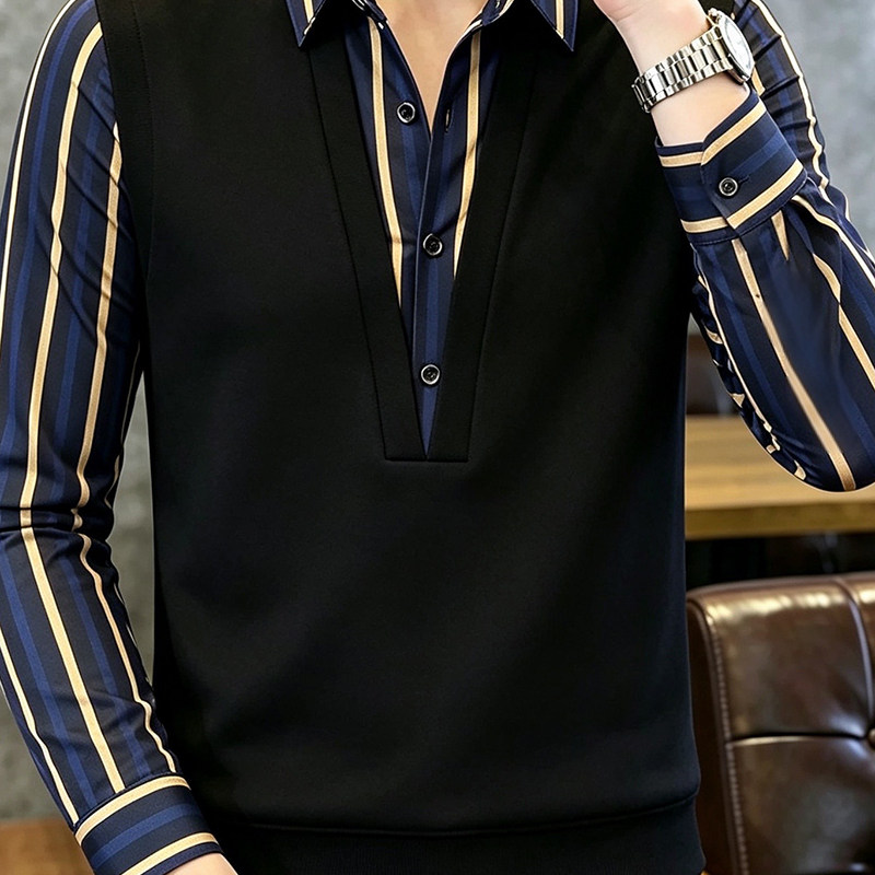 秋冬男士加绒假两件衬衫领上衣条纹长袖拼接马甲中年保暖打底衫