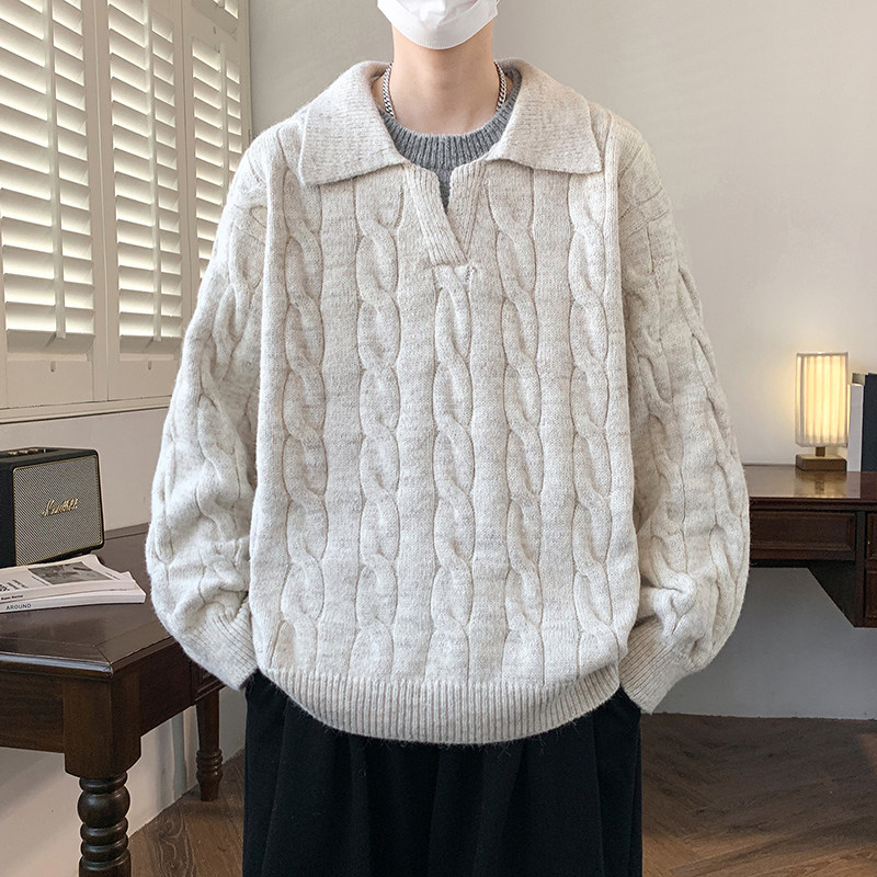 新款简约百搭老钱风翻领麻花纹针织衫男宽松高级感学院风套头毛衣