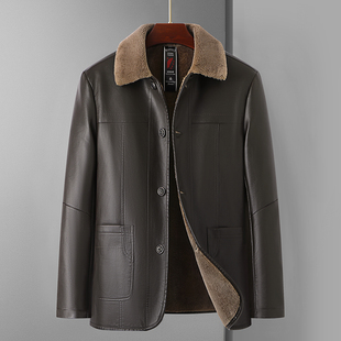 新款简约百搭加绒加厚皮衣男中年商务休闲毛领皮夹克外套冬季保暖