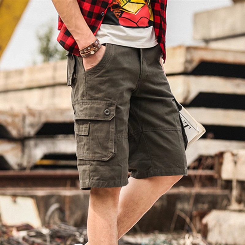 多口袋纯色宽松五分裤工装裤大码男士休闲短裤夏季沙滩中裤男裤子