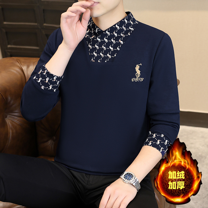 假两件卫衣男深蓝色拼接打底衫