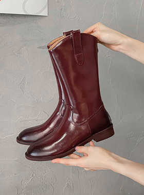 2025早秋新款安可拉红短靴低跟V口西部靴真皮GUIDI小众设计手工鞋