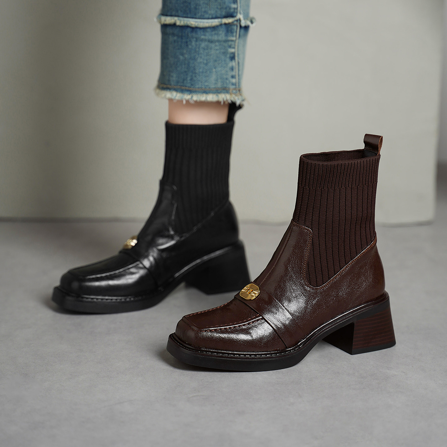 奇尔怡真皮复古法式短靴女冬季加绒2025新款粗跟棕色针织拼接袜靴,女鞋,弹力靴/袜靴,淘宝优惠券,粉丝福利购,淘宝优惠卷