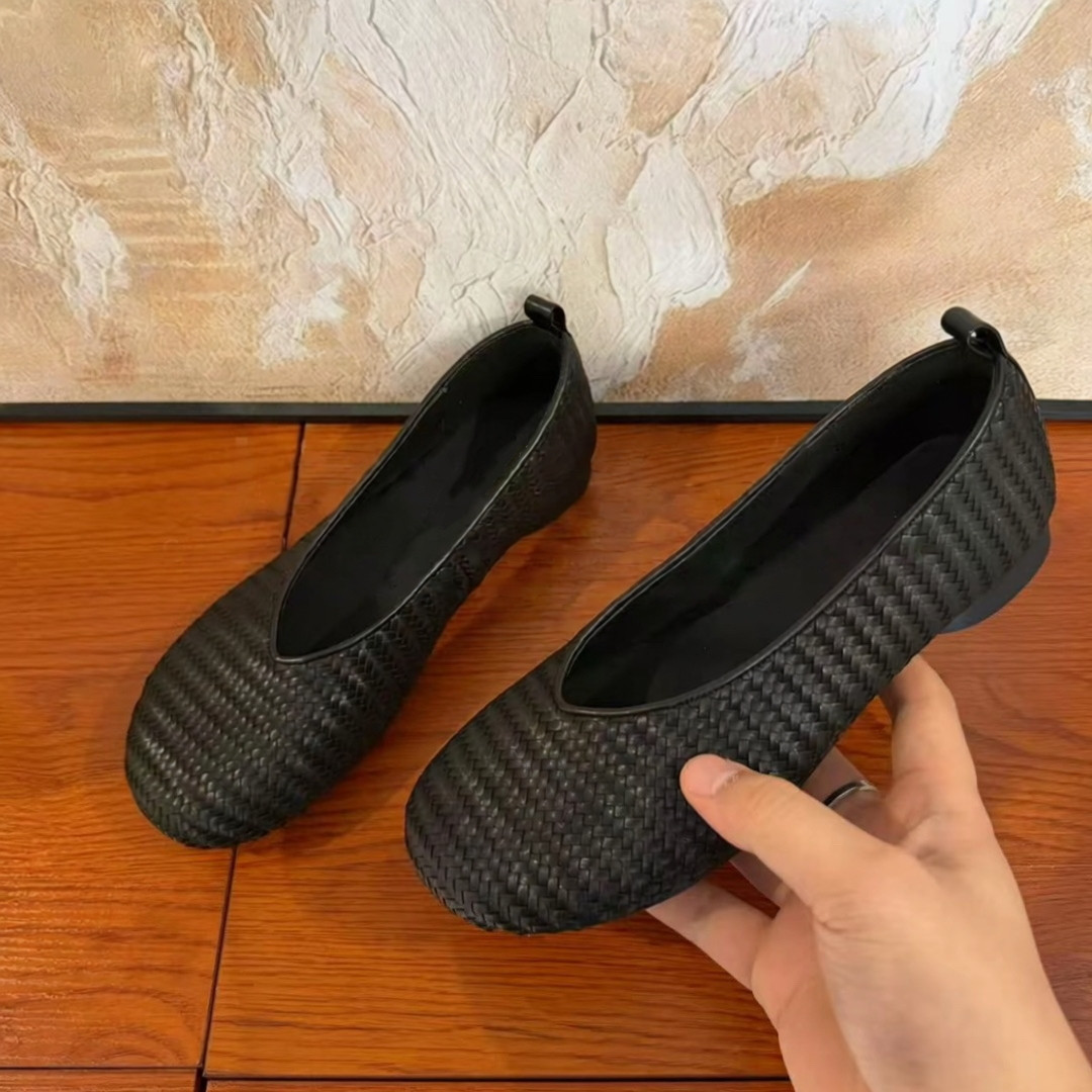 【奇尔怡】圆头编织工艺头层牛皮浅口单鞋低跟舒适软底高端妈妈鞋