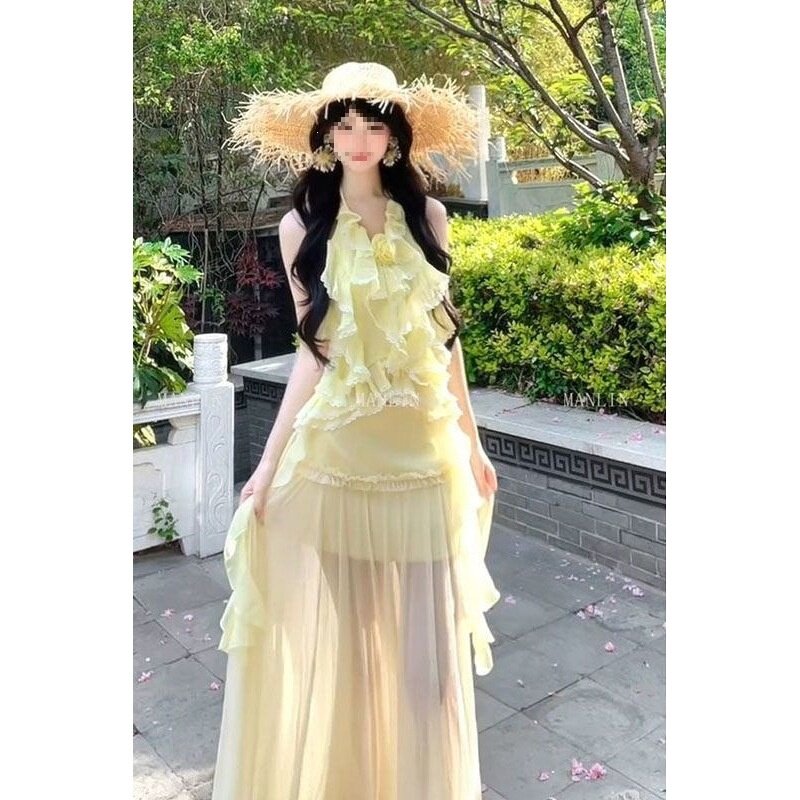 甜美独特漂亮夏装两件套女超好看荷叶边吊带旅游穿搭套装夏季新款