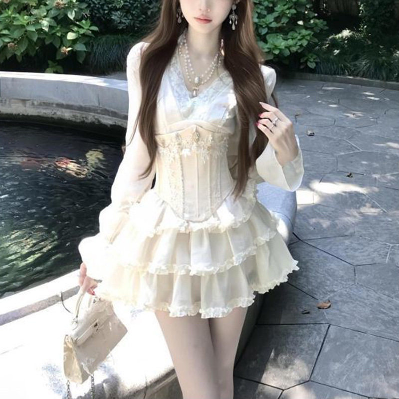 法式名媛蕾丝显瘦连衣裙腰封套装