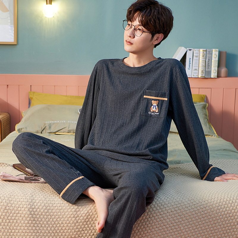 娇彩梦睡衣男春秋季棉质长袖两件套装大码宽松青年男士休闲家居服