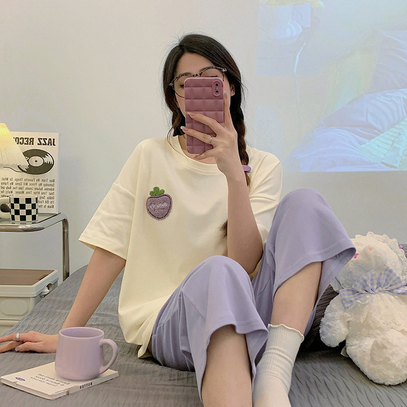 睡衣女 夏季 女款2025新款女士纯棉短袖七分裤套装套头家居服夏天