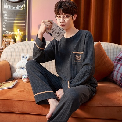 娇彩梦睡衣男春秋季棉质长袖两件套装大码宽松青年男士休闲